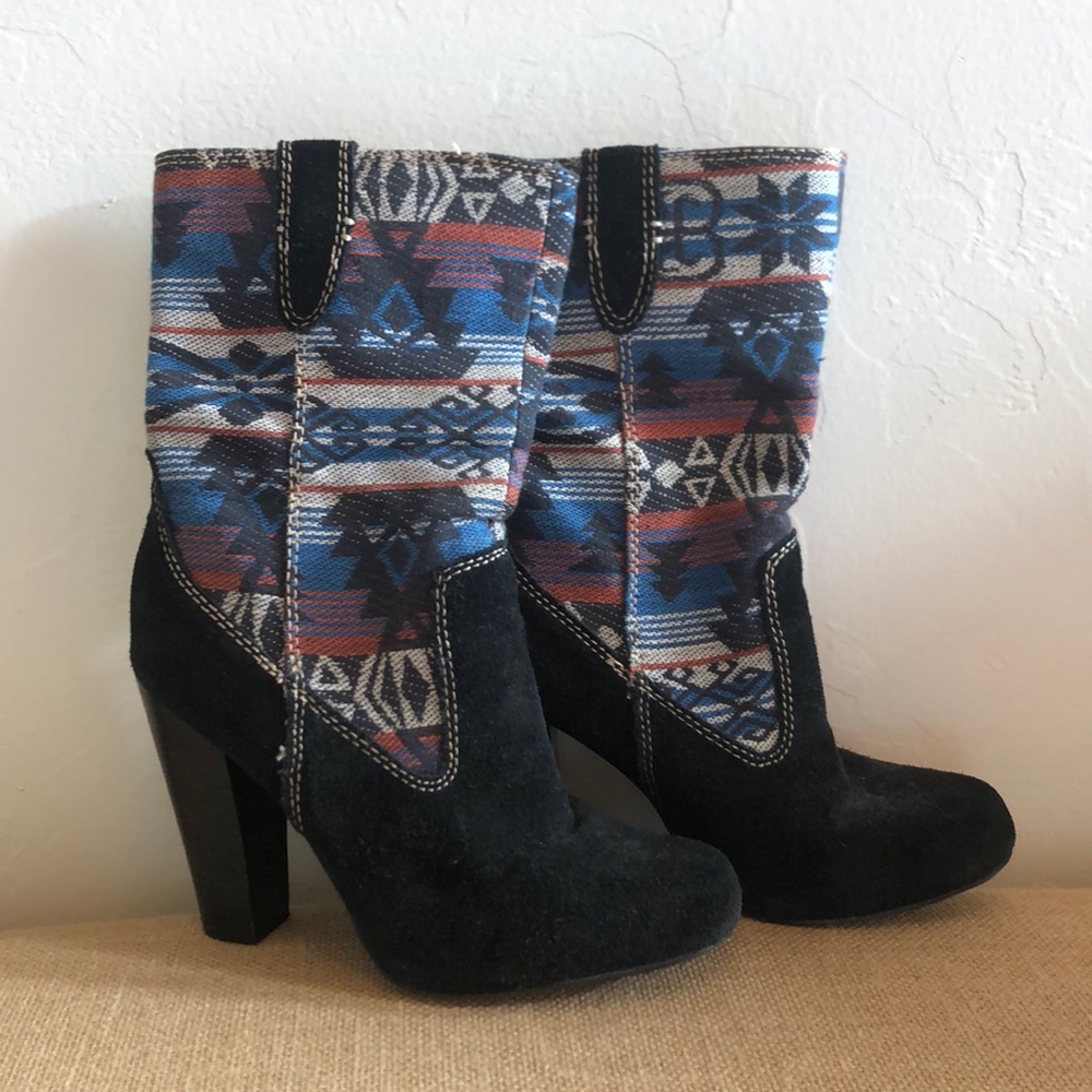 2/$40 Aztec and suede mid calf booties. Worn twice